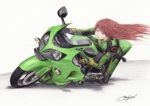  colored_pencil_(medium) floating_hair hong_meiling kawasaki motor_vehicle motorcycle no_hat no_headwear red_hair redhead rpracing signature smile solo touhou traditional_media vehicle wind 