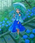 acrylic_paint_(medium) ama-tou bare_shoulders blue_eyes detached_sleeves flower forest green_hair highres hydrangea kochiya_sanae long_hair nature polka_dot rain rubber_boots skirt skirt_hold solo stairs standing touhou traditional_media tree umbrella water_drop