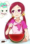  1girl :d beetle chypre_(heartcatch_precure!) dish food fruit glasses hanasaki_tsubomi heartcatch_precure! long_hair minatsuki_randoseru open_mouth precure red_eyes redhead simple_background smile solo spoon table twintails watermelon white_background 