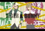  adjusting_hat arms_folded barnaby_brooks_jr belt blonde_hair blue_eyes bracelet brown_eyes brown_hair cabbie_hat crossed_arms facial_hair flat_color flat_colors glasses glowing hand_on_hip hat hips jewelry kaburagi_t_kotetsu letterboxed male multiple_boys necktie ramta ramuta short_hair stubble studded_belt tiger_&amp;_bunny vest watch wristwatch 