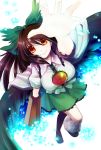  arm_cannon black_hair bow brown_hair cape hair_bow long_hair outstretched_arm red_eyes reiuji_utsuho smile socha solo third_eye touhou very_long_hair weapon wings 