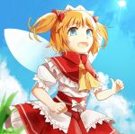  1girl ascot blonde_hair blue_eyes capelet clouds fairy_wings fang maid_headdress migihidari_(puwako) obi open_mouth puffy_sleeves sash shirt short_sleeves skirt smile solo sun sunny_milk touhou twintails wings 