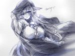  bell breasts cloak jingle_bell large_breasts liaas long_hair monochrome original signature sketch solo zerion 