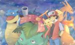  1boy artist_request baseball_cap black_hair blastoise charizard fingerless_gloves gloves hand_in_pocket hat holding holding_poke_ball pikachu poke_ball pokemon pokemon_(creature) pokemon_(game) pokemon_gsc pokemon_rgby red_(pokemon) red_(pokemon)_(classic) venusaur 