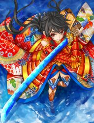  :&gt; armor black_hair chacha_(sengoku_taisen) gauntlets hair_ornament hairpin japanese_clothes kanzashi katana kikumon kote kusazuri original ornate_armor red_eyes samurai sengoku_taisen shippou_(pattern) solo sword twintails vambraces wading water weapon yato 