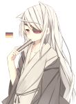  blush eyepatch fan folding_fan germany infinite_stratos japanese_clothes kimono laura_bodewig long_hair meet_neet red_eyes silver_hair simple_background solo very_long_hair 