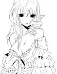  breasts cleavage collarbone dress drill_hair elf kuroma_(atapi) lineart monochrome original pointy_ears simple_background strapless_dress 