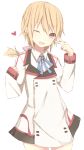  bad_id blonde_hair blush charlotte_dunois heart infinite_stratos long_hair meet_neet open_mouth ponytail ribbon simple_background smile solo uniform v wink 