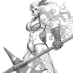  amazon_(dragon&#039;s_crown) amazon_(dragon's_crown) armor axe bikini_armor circlet dragon&#039;s_crown dragon's_crown feathers gloves long_hair magaki_ryouta monochrome muscle sketch solo tattoo vanillaware weapon 