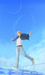  blonde_hair blue_eyes blue_jacket bomber_jacket converse crescent_moon highres jacket jeans keith_goodman male moon ramta ramuta running shoes short_hair sky sneakers solo tiger_&amp;_bunny wings 
