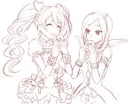  2girls closed_eyes cure_peach doughnut eas eating food_on_mouth fresh_precure! happy higashi_setsuna lineart long_hair minatsuki_randoseru momozono_love monochrome multiple_girls precure short_hair simple_background smile twintails white_background 