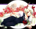  bow ex-keine eyes flower green_hair hakutaku highres horns kamishirasawa_keine kamishirasawa_keine_(hakutaku) lying moon multiple_eyes nail_polish on_side red_eyes solo spider_lily tail touhou vasashi-uma 