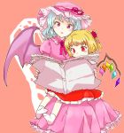  bat_wings blonde_hair blue_hair blush child dress face flandre_scarlet flower hair_flower hair_ornament hat multiple_girls newspaper no_hat no_headwear open_mouth reading red_eyes remilia_scarlet short_hair siblings side_ponytail sisenshyo sisters sitting sitting_on_lap sitting_on_person touhou wings young 