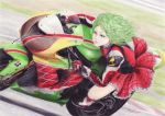  colored_eyelashes colored_pencil_(medium) eyebrows floating_hair green_hair kawasaki kazami_yuuka motor_vehicle motorcycle red_eyes rpracing short_hair signature skirt solo touhou traditional_media vehicle wind youkai 