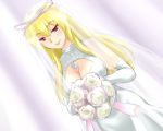  adder blonde_hair bouquet breasts cleavage cleavage_cutout dress dutch_angle elbow_gloves eyebrows flower gloves holding large_breasts pale_color pale_colors red_eyes rose smile solo touhou veil wedding wedding_dress white white_background white_rose yakumo_yukari 
