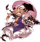  blonde_hair bow dress eyes gap hair_bow hair_over_one_eye hands hat hat_ribbon long_hair minazuki_randoseru open_mouth oudanhodou parasol red_eyes ribbon solo teeth touhou umbrella yakumo_yukari 