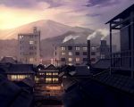  building chimney city cityscape commentary commentary_request east_asian_architecture mountain no_humans radio_antenna scenery seo_tatsuya silhouette smoke smokestack the_human_village touhou twilight 