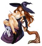  breasts cleavage detached_sleeves dragon&#039;s_crown dragon's_crown dress hat huge_breasts lack legs long_hair red_hair redhead shoes simple_background skull solo sorceress_(dragon&#039;s_crown) sorceress_(dragon's_crown) staff strapless_dress witch_hat 
