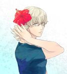  barnaby_brooks_jr blonde_hair blue_eyes flower glasses hair_ornament hand_in_hair hibiscus jewelry male necklace solo t-shirt tiger_&amp;_bunny tooyamada 