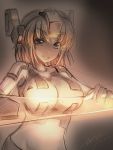  cosmic_break dated large_breasts mecha_musume midriff mound_of_venus short_hair signature simple_background sketch smile solo sword weapon zerion zero_saber_girl 