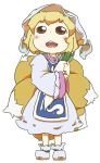  blonde_hair blue_dress blush_stickers brown_eyes carrying chibi child daikon dress fox_tail hat multiple_tails open_mouth peconica radish short_hair solo standing tail touhou yakumo_ran young 