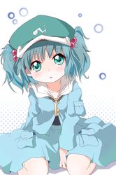  aqua_eyes aqua_hair hat highres kawashiro_nitori key kotojima_motoki short_hair simple_background sitting solo touhou 