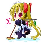  blonde_hair blue_dress blue_legwear blush_stickers bow chibi cleaning dress flandre_scarlet hair_bow ichimi maid mop red_eyes side_ponytail solo the_embodiment_of_scarlet_devil thigh-highs thighhighs touhou upskirt wavy_mouth wings 