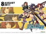  2011 3girls :d :o ao_no_kiseki august beret black_legwear blue_eyes boots brown_hair calendar copyright_name dual_wielding eiyuu_densetsu enami_katsumi falcom gloves grey_eyes gun half_updo hat huge_weapon jacket long_hair multiple_girls noel_seeker official_art open_mouth ponytail purple_hair redhead rixia_mao shirley_orlando shoes short_hair short_shorts shorts single_elbow_glove smile sword tattoo thigh-highs weapon zero_no_kiseki zoom_layer 