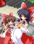  black_hair brown_hair child detached_sleeves dual_persona hakurei_reimu haruka_(kokuteizyo) harukatron miko multiple_girls red_eyes touhou 