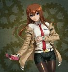  brown_hair cellphone hida_tatsuo highres legwear_under_shorts long_hair makise_kurisu necktie pantyhose phone shorts steins;gate 