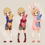  bad_id barnaby_brooks_jr belt blonde_hair bunny_costume child glasses gray_legwear green_eyes grey_legwear jacket kneehighs male multiple_persona poco24 red_jacket shorts smile studded_belt stuffed_animal stuffed_bunny stuffed_rabbit stuffed_toy tiger_&amp;_bunny white_legwear young 