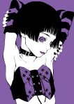  armpits arms_up bad_id black_hair collar gothic_lolita high_contrast highres lolita_fashion monochrome original pale_skin purple purple_eyes short_hair simple_background solo sugar_bee violet_eyes waki 