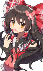  1girl absurdres ascot blush bow brown_hair butterfly_hair_ornament commentary_request cosmetics frilled_bow frilled_hair_tubes frills hair_bow hair_ornament hair_tubes hakurei_reimu highres holding holding_lipstick_tube kasuokasuto lipstick lipstick_tube long_hair looking_at_viewer makeup orange_eyes pink_ascot red_bow simple_background smeared_lipstick solo touhou upper_body white_background 