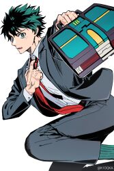  1boy adjusting_clothes adjusting_necktie aqua_eyes aqua_hair aqua_socks belt boku_no_hero_academia bright_pupils buttons collared_shirt commentary dress_shirt feet_out_of_frame floating_clothes floating_jacket floating_neckwear foreshortening freckles from_side grey_jacket grey_pants grey_suit hair_between_eyes hands_up highres holding holding_suitcase jacket k1dqka lapels long_sleeves looking_at_viewer looking_to_the_side male_focus midoriya_izuku multiple_scars necktie notched_lapels open_mouth outstretched_arm pants profile red_necktie scar scar_on_hand shirt short_hair sideways_mouth simple_background socks solo suit suitcase teeth twitter_username upper_teeth_only white_background white_pupils white_shirt wing_collar 