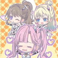  3girls 6th_live_dream_~bloom_garden_party~ =_= anyoji_hime blonde_hair blowing_kiss blue_eyes blue_hair blue_streaks brown_hair closed_eyes commentary_request expressive_hair fanfare!!!_(love_live!) fang flying_sweatdrops fujishima_megumi gradient_hair hair_bun hair_intakes heart heart-shaped_hair high_ponytail highres looking_at_another love_live! love_live!_hasu_no_sora_jogakuin_school_idol_club mira-cra_park! multicolored_hair multiple_girls open_mouth orange_background osawa_rurino outstretched_arms ponytail sidelocks single_hair_bun spread_arms streaked_hair twintails umino_tsukina violet_eyes virtual_youtuber 