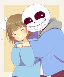  1boy 1other 2020 2d ambiguous_gender ankle_boots black_shorts blue_jacket blue_shirt blue_shorts boots border brown_boots brown_hair child digital_media double_horizontal_stripe duo flying_sweatdrops frisk_(undertale) grey_hood hollow_eyes hood hood_down hooded_jacket horizontal-striped_clothes hug human humanoid jacket long_sleeves male monster monster_boy open_clothes open_jacket pink_stripes piyoriina sans_(undertale) shirt short_hair shorts simple_background single_vertical_stripe skeleton smile striped_clothes striped_shirt striped_shorts teeth two-tone_background two-tone_shirt undead undertale upper_body utdr_(toby_fox) vertical-striped_clothes vertical-striped_shorts white_background white_border white_shirt white_stripes yellow_background 