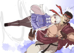  1boy 1girl attack bow bowtie commentary_request fighting fingerless_gloves gloves hairpods headband headbutt ingrid_(capcom) long_hair muscular muscular_male padded_gloves pantyhose petenshi_(dr._vermilion) red_eyes red_headband ryu_(street_fighter) sash street_fighter street_fighter_6 white_bow white_bowtie white_gloves 