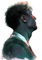  1boy absurdres adam's_apple black_hair black_jacket closed_mouth commentary_request from_side highres higuruma_hiromi jacket jujutsu_kaisen k05062688 male_focus profile shirt short_hair short_sideburns sideburns simple_background solo suit_jacket white_background white_shirt 
