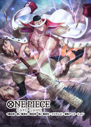  1boy attack bandana black_bandana black_sash coat coat_on_shoulders commentary_request copyright_name edward_newgate electricity epaulettes facial_hair floating_clothes holding holding_weapon male_focus mustache official_art one_piece one_piece_card_game pants sash scar scar_on_chest smile solo weapon yasu8hasu 