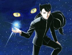  1boy black_eyes black_hair black_jacket black_pants blue_eyes closed_mouth colored_sclera commentary_request dark_cat_(manga) feet_out_of_frame gakuran glowing hair_horns hand_on_own_thigh highres jacket jewelry kagezaki_hyoui kimura_naomi long_hair looking_at_viewer low-tied_long_hair male_focus necklace object_floating_above_hand official_artist_extra painting_(medium) pants school_uniform slit_pupils solo space standing star_(sky) traditional_media unworn_jewelry unworn_necklace yellow_sclera 