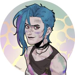  1girl absurdres arcane:_league_of_legends bags_under_eyes bare_shoulders black_lips blue_hair bodypaint closed_mouth dirty dirty_clothes dirty_face from_side gradient_background highres jinx_(league_of_legends) league_of_legends light_smile looking_at_viewer multicolored_hair myotisep pink_eyes portrait purple_hair short_hair signature sleeveless solo solo_focus violet_eyes 