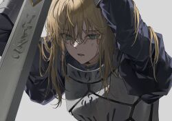  1girl armor armored_dress artoria_pendragon_(fate) blonde_hair breastplate commentary dirty dirty_face dress excalibur_(fate/stay_night) exhausted fate/grand_order fate_(series) gauntlets green_eyes highres holding holding_sword holding_weapon long_bangs long_hair long_sleeves open_mouth planted planted_sword puffy_sleeves saber_(fate) simple_background solo sword upper_body weapon white_background wispy_bangs yeon_gaeng 