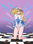  1girl alice_(wonderland)_(cosplay) alice_in_wonderland apron between_thighs blonde_hair blush breasts card cards checkered checkered_floor choker cleavage cosplay crossover dark_magician_girl female green_eyes hat huge_breasts large_breasts legs long_hair lying_card miniskirt ribbon skirt skirt_tug smile solo thigh-highs v_arms wslasher yuu-gi-ou yuu-gi-ou_duel_monsters 