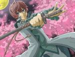  asbel_lhant blue_eyes brown_hair cherry_blossoms keika male moon ready_to_draw solo sword tales_of_(series) tales_of_graces weapon 