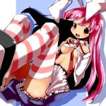  breast_suppress breasts bunny_ears highres long_hair necktie no_nose open_mouth petticoat pink_hair rabbit_ears red_eyes reisen_udongein_inaba shirt_lift skirt smile solo striped striped_legwear thighhighs touhou underboob yofukashi 