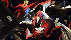  2girls asymmetrical_horns black_hair black_horns blue_hair breasts closed_eyes colored_inner_hair commentary corruption demon_horns dual_persona elisbian english_commentary enigmatic_recollection hat highres hololive hololive_english horns large_breasts long_hair multicolored_hair multiple_girls nerissa_ravencroft official_art two-tone_hair uneven_horns virtual_youtuber witch witch_hat 