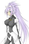  armor blazblue blush bodysuit female genderswap green_eyes hakumen long_hair ponytail purple_hair solo yukichi_(pixiv338887) 