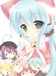  >_< 2000s_(style) 6+girls =_= bell blonde_hair blue_eyes blue_hair bow bowtie character_doll chibi doll drill_hair food_in_mouth hair_bow hatsune_miku headphones kagamine_rin kasane_teto kasane_teto_(utau) looking_at_viewer low_twintails megurine_luka multiple_girls neck_bell non-web_source pink_bow pink_hair purple_hair simple_background smile solo_focus sukone_tei toromipreschool twintails utane_uta utau vocaloid white_background white_bow white_bowtie white_hair 