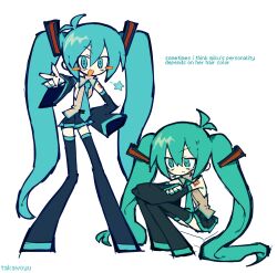  2girls :< :d absurdly_long_hair antenna_hair aqua_eyes aqua_hair aqua_nails aqua_necktie aqua_trim artist_name bare_shoulders black_boots black_skirt black_sleeves blue_boots blue_eyes blue_hair blue_nails blue_necktie blue_trim blush_stickers boots breasts bright_pupils closed_mouth collared_shirt commentary contrapposto crossed_arms deformed detached_sleeves double-parted_bangs dual_persona elbows_on_knees english_text foreshortening frown full_body grey_shirt hair_between_eyes hair_ornament hand_on_own_hip hatsune_miku highres knees_up legs_apart long_hair long_sleeves looking_ahead looking_at_viewer miniskirt multicolored_boots multiple_girls nail_polish necktie no_nose number_tattoo open_mouth pleated_skirt puffy_long_sleeves puffy_sleeves reaching reaching_towards_viewer shirt shoulder_tattoo sidelocks simple_background single_eyebrow sitting skirt sleeveless sleeveless_shirt sleeves_past_fingers sleeves_past_wrists small_breasts smile standing star_(symbol) sweatdrop takawoyu tattoo thick_lineart thigh_boots tie_clip twintails two-tone_boots untranslatable_commentary v v-shaped_eyebrows very_long_hair vocaloid white_background white_pupils zettai_ryouiki 