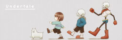 1other 2020 2boys 2d ambiguous_gender animal ankle_boots annoying_dog blue_jacket blue_shirt blue_shorts boots brothers brown_boots brown_hair cape child clenched_hands copyright_name digital_media dog double_horizontal_stripe frisk_(undertale) from_side full_body gloves grey_background hands_in_pockets height_difference hood hood_down hooded_jacket horizontal-striped_clothes human humanoid jacket long_sleeves male monster monster_boy papyrus_(undertale) pink_slippers pink_stripes piyoriina red_boots red_cape red_gloves revision running sans_(undertale) shadow shirt short_hair shorts siblings simple_background skeleton slippers socks striped_clothes striped_shirt teeth text two-tone_shirt undead undertale utdr_(toby_fox) walking white_dog white_fur white_socks 